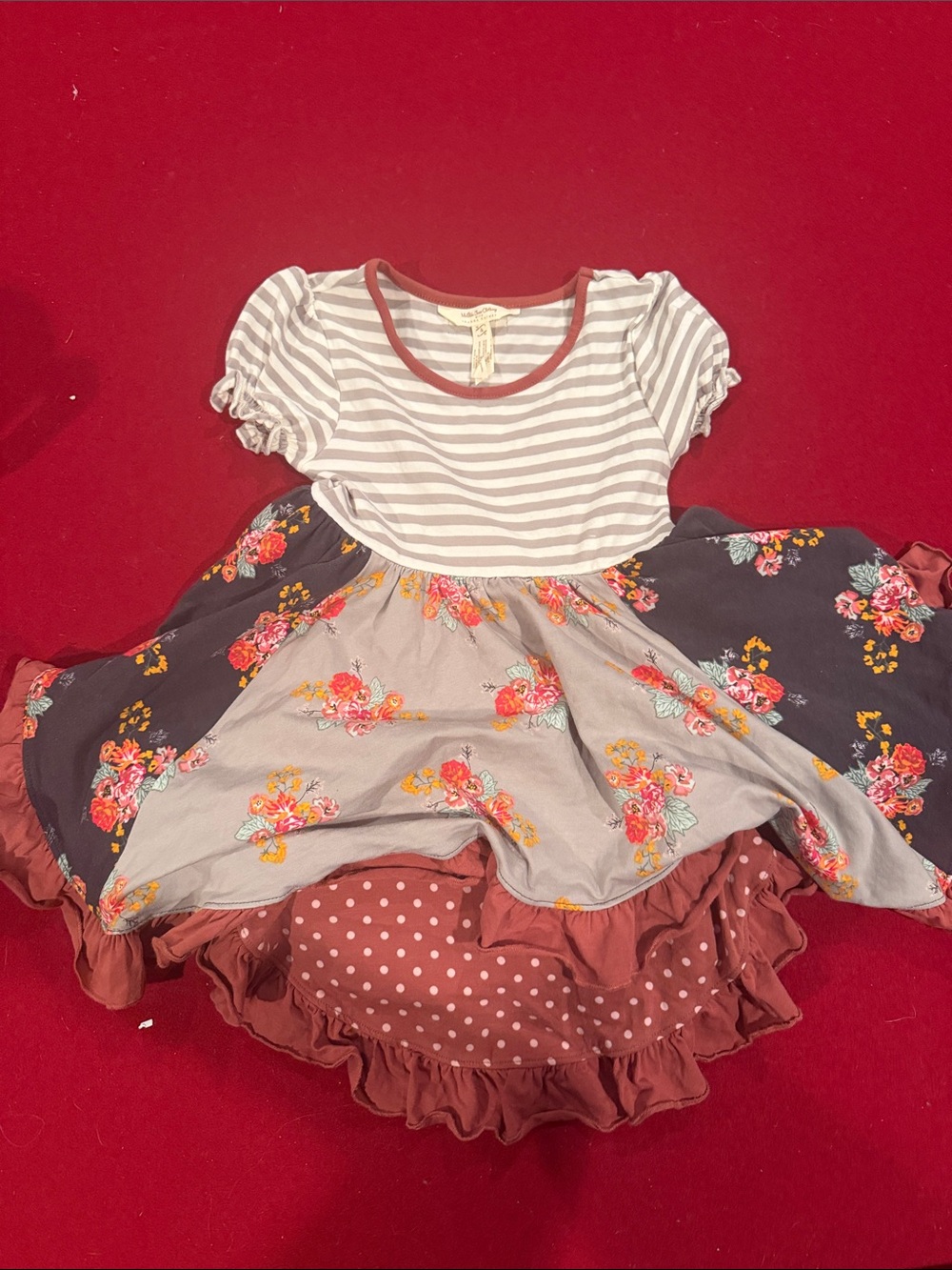 Matilda Jane Girls Striped & Floral Twirl Dress - Gray, Rust, Navy